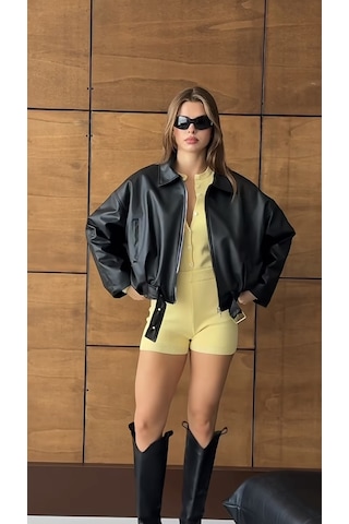 Prifaldi Oversize Bomber Deri Ceket Siyah