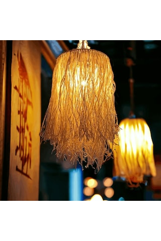 Hasır Doğal Saçaklı 28 Cm Dekoratif Rafya Avize Sarı