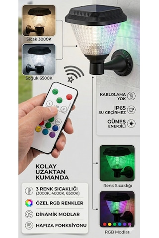 Kumandalı Rgb Solar Duvar Lambası Dış Mekan 30 W Su Geçirmez