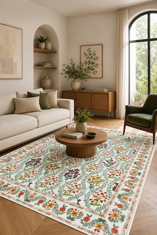 Modern Floral Desen Baskılı Kaymaz Yıkanabilir Salon Oturma Odası Mutfak Balkon Halısı Yolluk Beyaz