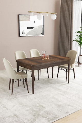 Sar Pakete Almira Serisi, Barok Ahşap Desen 80x132 Açılabilir Mdf Mutfak Masası Takımı 4 Adet Sandalye Krem