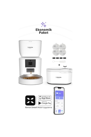 Xenon Smart Akıllı Otomatik Beyaz Mama Kabı Ultra Sessiz Su Şelalesi ve Yedek Filtre 3'lü Pet Seti