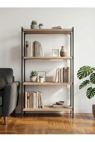 4 Raflı Metal Çerçeveli Kitaplık Salon Ofis Çalışma Odası Modern Düzenleyici Raf Sonomo