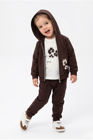 Toontoy Kids Toontoy Kız Çocuk 3'lü Eşofman Takımı Uzun Kollu Bisiklet Yaka Nakışlı T-shirt - Kapüşonlu Fermuarlı Hırka- Beli Paçası Lastikli Eşofman Altı 25042 Kahve
