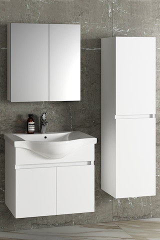 Yıldız 65+35 Cm Beyaz Mdf Lavabolu Asma Banyo Dolabı Takımı Beyaz
