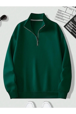 Unisex Dik Yaka Yarım Fermuarlı Oversize Sweatshirt 001