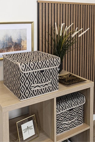 Bohe Çok Amaçlı Kapaklı Kutu, Dolap Raf Düzenleyici, Dekoratif Saklama Kutusu 30x30x23 Cm Gri-beyaz