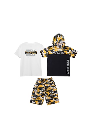 Fyk Kids Erkek Çocuk 3'lü Kamuflaj Desenli Kapri-baskılı Tişört- Kamuflaj Desenli Sweatshirt Alt Üst Takım Sarı