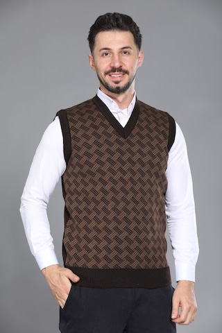 Kzc Tekstil Erkek Baba Ve Orta Yaş Desenli Akrilik Kalın Dokulu V Yaka Triko Süveter Kahverengi