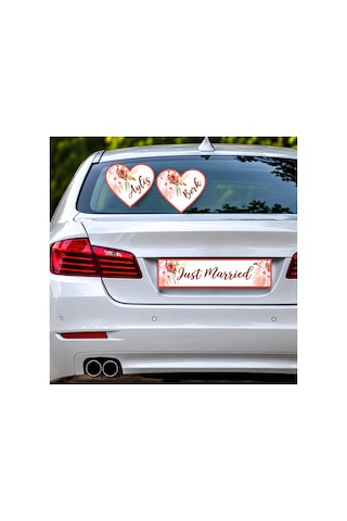 Kişiye Özel Gelin Arabası Süsü İsimli Kalp Süs Ve Just Married Plaka Düğün Araba Süsleme Seti Sürpriz Hediyeli Pembe