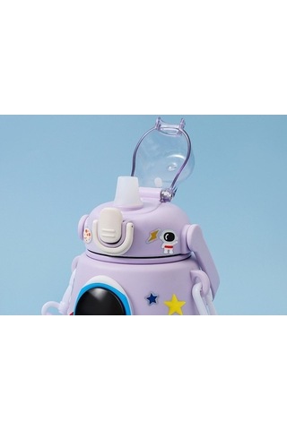 Maoyaya 850ml Astronot Karikatür Paslanmaz Çelik Taşınabilir Kayışlı Çocuk Su Şişesi Izoleli Sumor Mor Mor