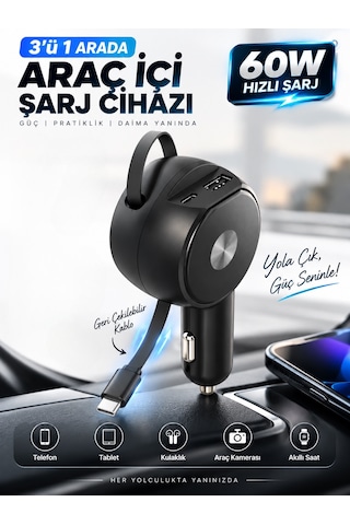 60w 3.4a Hızlı Araç Şarj Cihazı 3'ü 1 Arada Geri Çekilebilir 65cm Kablolu Type-c Usb Çakmaklık Şarj Adaptörü Siyah