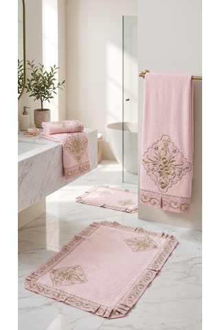 Saraylı Altın Taç Fırfırlı Pembe Banyo Havlu Seti Açık Pembe