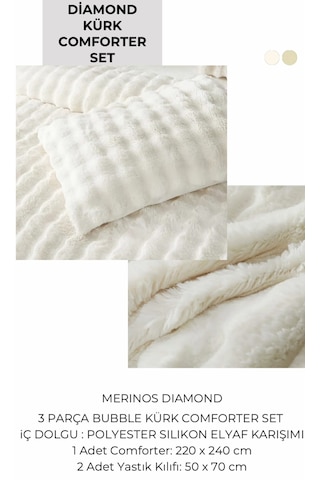 Merinos Diamond Kürk Bubble Desen Comforter Set, Çift Kişilik Yorgan Seti 220x240 Krem