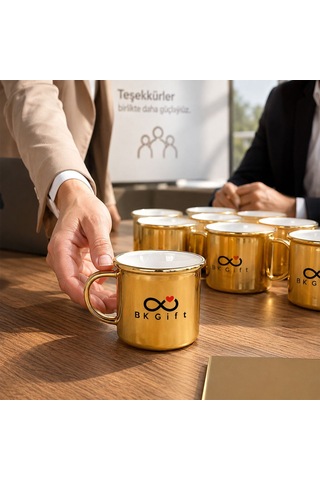 Logonuza Özel 10 Adet 300 Ml Porselen Altın Enamel Kupa Bardak Kurumsal Hediye Seti Çok Renkli