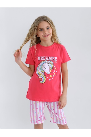 Kız Çocuk Kısa Kollu Kapri %100 Pamuklu Pijama Takımı Dreamer Girl Fuşya
