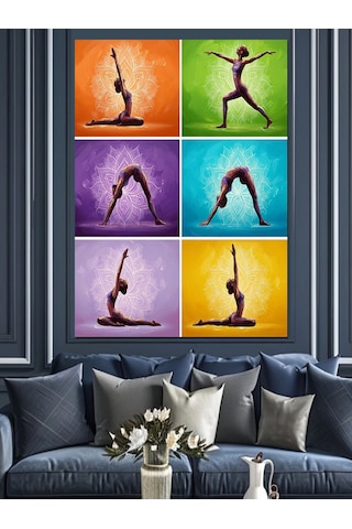 Mor Sarı Yoga Pozları Dekoratif Kanvas - Mdf Ahşap Tablo
