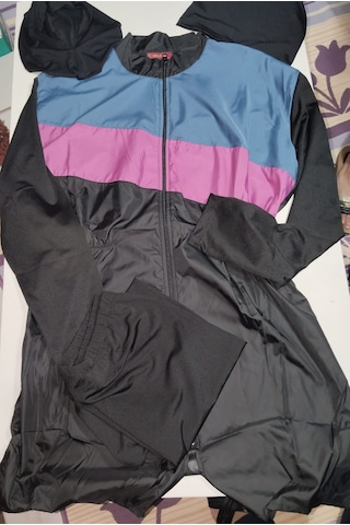 Paraşüt Kumaş Tam Fermuarlı Tek Parça Tesettür Mayo Gri - Pembe