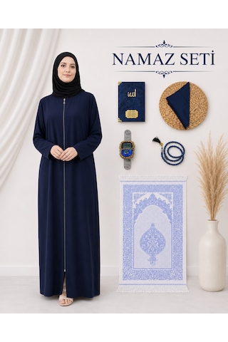 Bilenler Kadın Namaz Seti Fermuarlı Namaz Elbisesi Seccade Örtü Yasin Tesbih Zikirmatik Lacivert