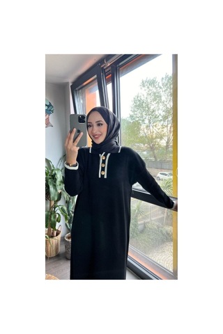 Kurgan Tekstil Oversize Düğmeli V Yaka Fitilli Triko Tesettür Elbise Siyah - 711224635 Siyah