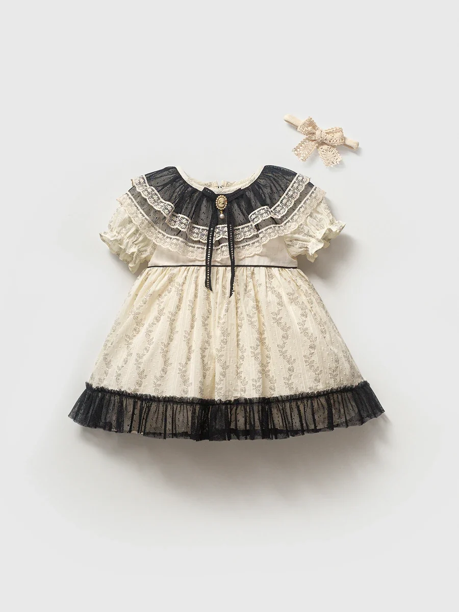 Momercy Vintage Broş Detaylı Fırfırlı Yaka Kız Bebek Elbise Ekru