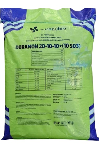 Duramon 20-10-10 +10 So3 Npk İnhibitörlü Yeşil - Akıllı Gübre 25 Kg 25 KG
