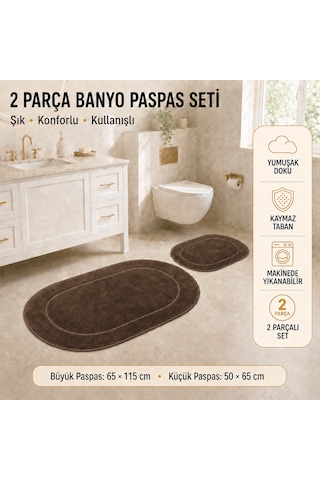 Rixos 2'li Banyo Halısı Paspası Seti Kaymaz Tabanlı Klozet Takımı Kahve