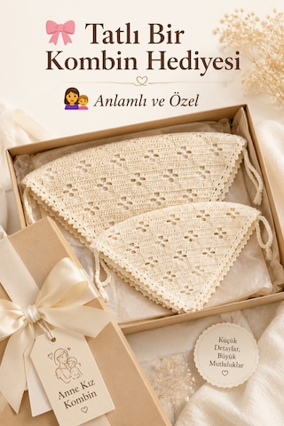 Anne Kız Kombin Bandana El Örgüsü Saç Bandı Bohem Stil Ayarlanabilir 2li Set Krem