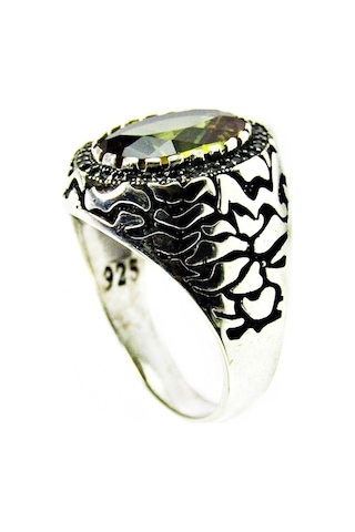 Zultanit Oval Taşlı Yanları Siyah Taşlı Gümüş Erkek Yüzük