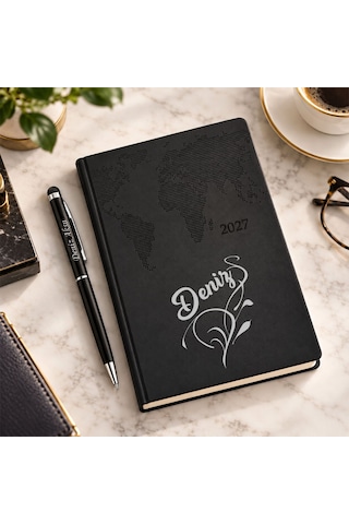Bk Gift Kişiye Özel 378 Termo Deri Tarihli Ajanda & Siyah Touch Pen Tükenmez Kalem-5