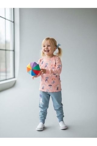 Kız Çocuk Pamuklu Uzun Kollu Kedili Pijama Takımı-10860 SOMON
