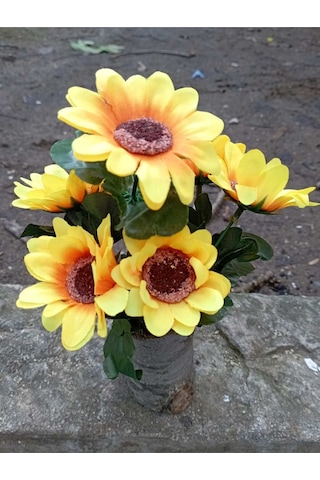 Kütük Saksıda Mini Ayçiçeği Günebakan Sunflower Dekoratif Yapay Çiçek