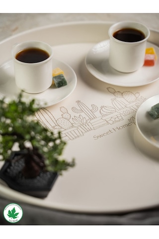 Lin Metal 37cm Yuvarlak Tepsi Ahşap Kulplu Kaktüs Baskılı - Krem