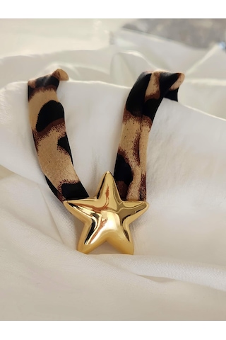 Leopar Desen Bombeli Yıldız Model Kumaş Detaylı Kolye 46cm Kahverengi - Siyah