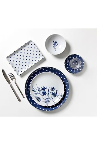 Porland Blossom 30 Parça 6 Kişilik Kahvaltı Takımı Beyaz - Lacivert