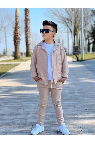 Modavals Kol Katlamalı Keten Gömlek & Beli Lastikli Keten Pantolon & Pamuklu Tshırt & Zincir Aksesuar 4lü Keten Erkek Çocuk Takım Bej