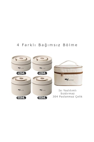 Valkyrie 4 Gözlü Paslanmaz Çelik Isı Yalıtımlı Yemek Kabı Seti Çantalı 304 Steel 2x 420ml + 2x 550ml Krem