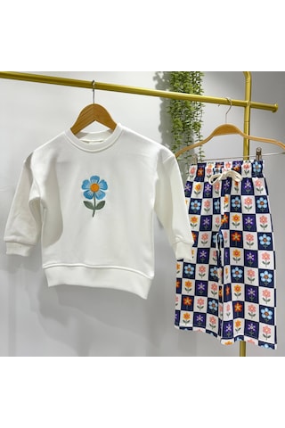 Cg Kids Çiçek Nakışlı Sweatshirt Ve Desenli Eşofman Kız Çocuk Alt Üst Takım Beyaz