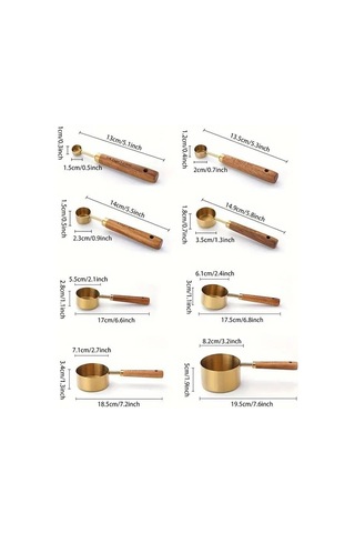 Valkyrie 8 Adet Paslanmaz Çelik Ahşap Saplı Ölçü Kaşığı Seti Ölçü Kabı 1.25ml 2.5ml 5ml 15ml 60ml 80ml 125ml 250ml Altın