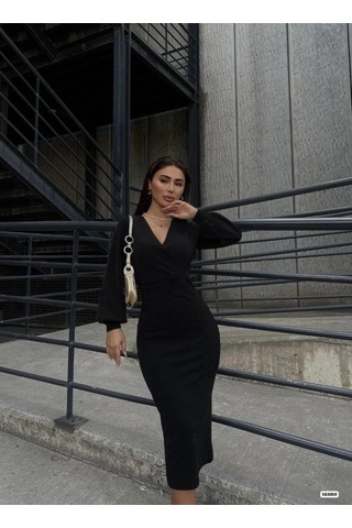 Valensdesign Kadın Uzun Kollu Kruvaze Yaka Büzgü Ve Balon Kol Detay Krep Kumaş Maxi Boy Simli Elbise Siyah