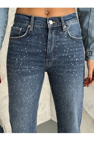 Kadın Taşlı Premium Mavi Kot Pantolon Mavi