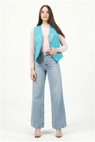 Dericlub Dc-001 Hakiki Deri Kadın Yelek Turkuaz