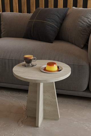 Alpa Ev Mobilya 3 Lü Mantar Zigon Sehpa Seti Modern Yuvarlak Tasarım, Dekoratif İskandinav Stil Traverten