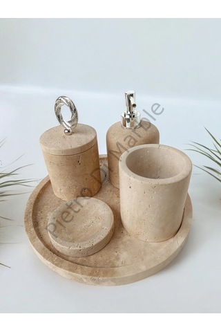 Sarı Traverten Klasik Model 5 Parça Gümüş Renk Halka Aksesuarlı Banyo Seti Sarı Traverten