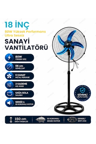 Nvg 18 İnç Sanayi Tipi Vantilatör 80w Güçlü Sessiz Ayaklı Fan 5 Kanat 3 Kademeli 56cm Geniş Çap Pervane