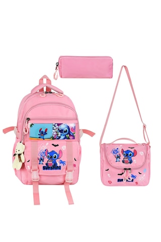 Stitch Baskılı Ortopedik Aksesuarlı Anahtarlıklı Okul Çantası Termal Beslenme Ve Kalemlikli Set Pembe