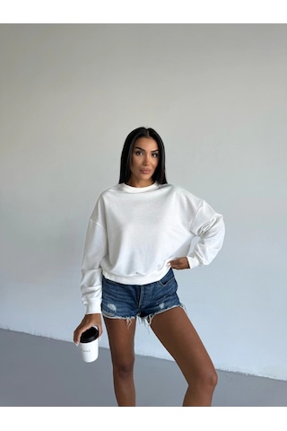 Kadın Beyaz Bisiklet Yaka 2 İplik Sweatshirt Hzl25w-fry123391 Beyaz