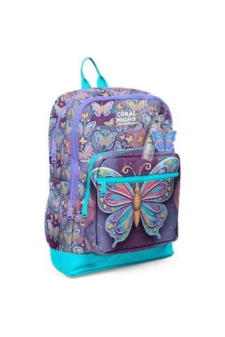 Coral High Kız Çocuk Pastel Renkli Kelebek Desenli İlkokul Sırt Çantası Dört Bölme 33206 Lila