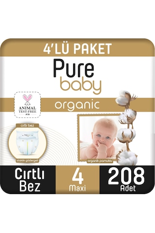 Pure Baby Organik Pamuklu Cırtlı Bez 4'lü Paket 4 Numara 208 Adet 4'lü