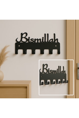 Lunoart Bismillah Yazılı Metal Anahtarlık Askılığı Siyah 6 Askılı Modern Duvar Dekoru Siyah